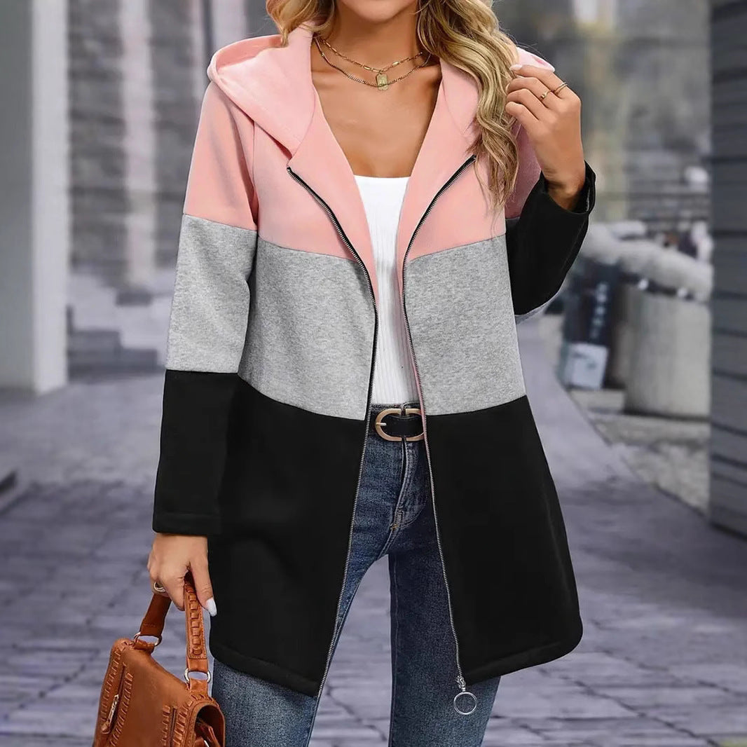Trendy long hooded jacket for women with chic and stylish color block design