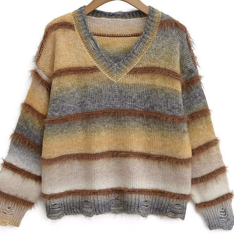Casual women's sweater with V-neck and striped pattern Lune London