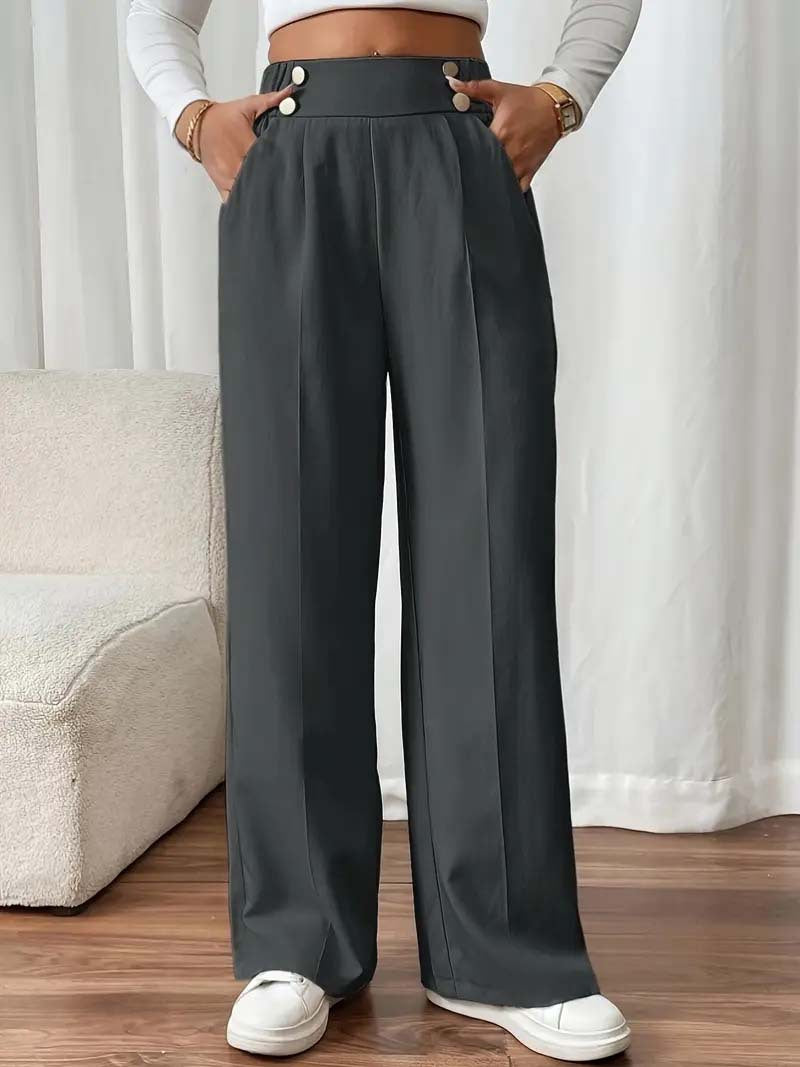 Ladies High-Waisted Wide Leg Pants with Chic and Stylish Button Details