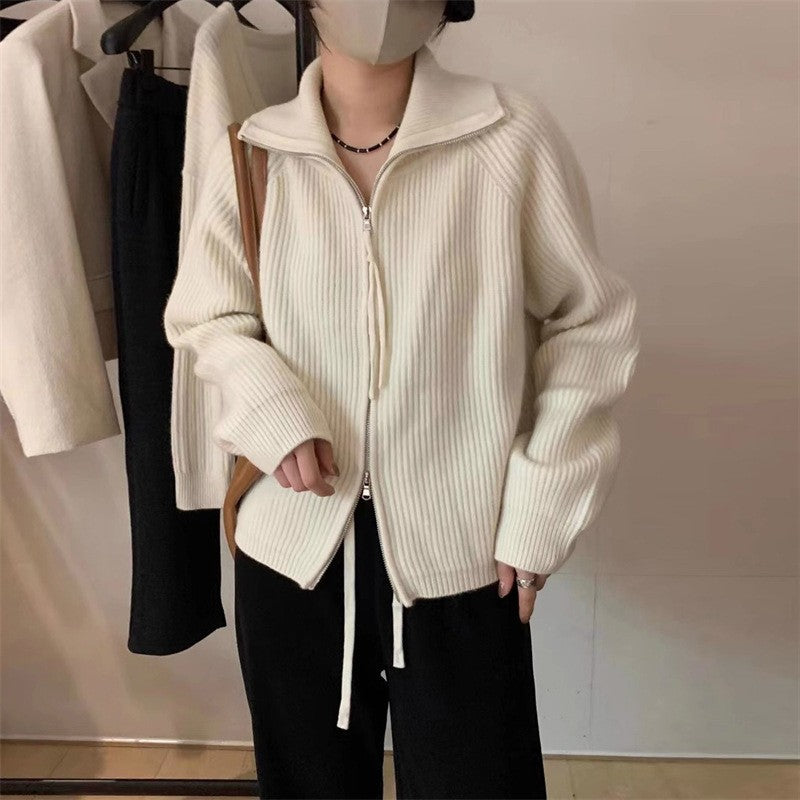 Knitted jacket for women with high collar embellishment and zipper Lune London