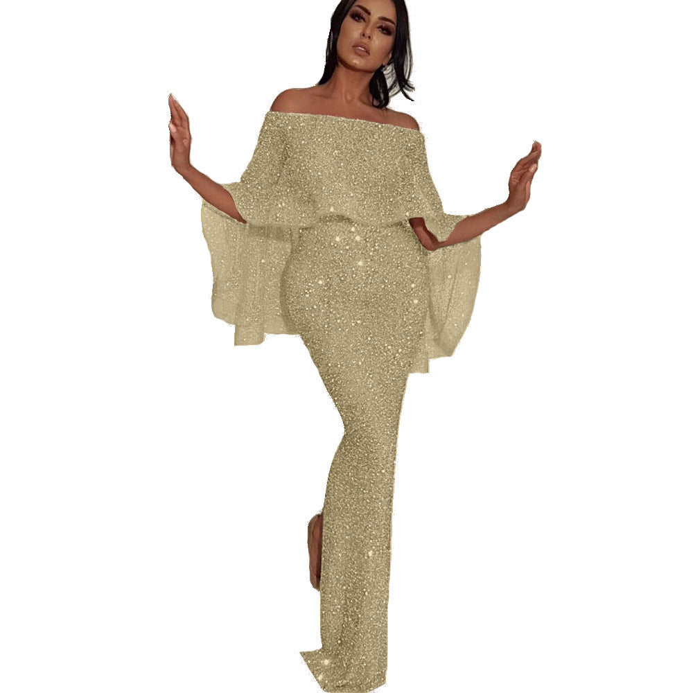 Women elegant long jumpsuit down to the floor with a strapless design and a sparkling fabric Lune London