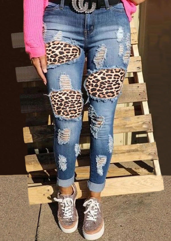 Ladies skinny jeans with leopard patch and vintage effects Lune London