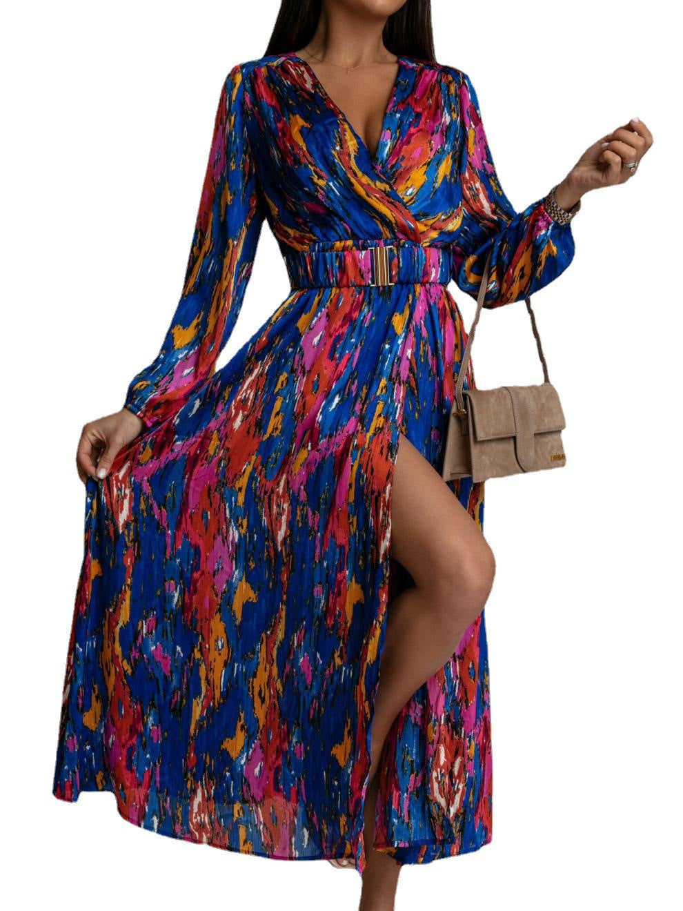 Maxi dress with a vibrant print for women with a self-tie belt Lune London