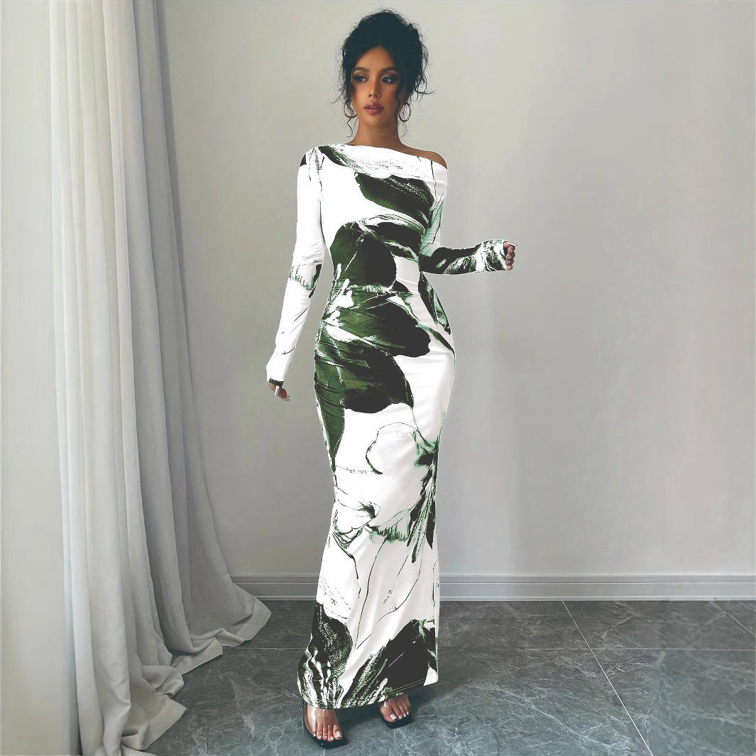 Ladies Elegant Maxi Dress with asymmetrical neckline and floral design Lune London