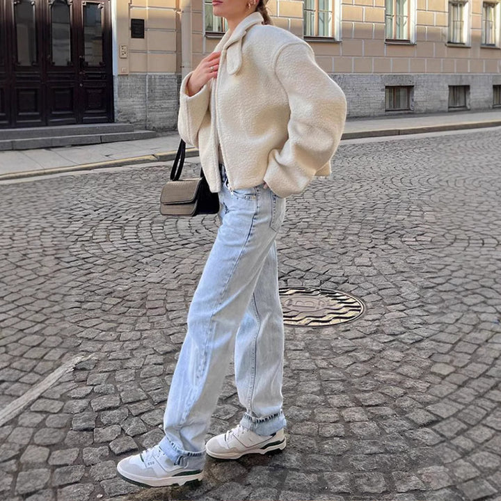 Fluffy women's transitional jacket with relaxed fit and applied collar Lune London