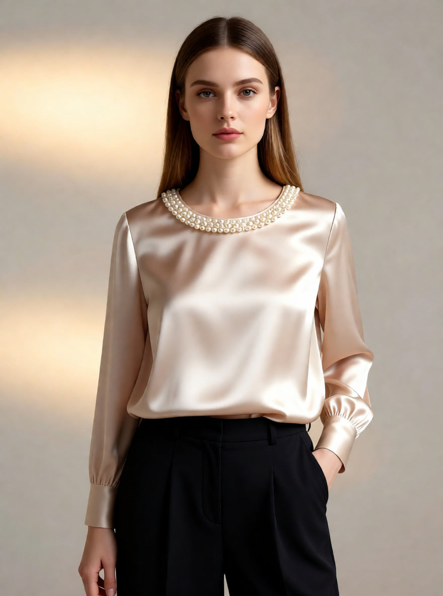 Ladies elegant satin blouse with pearl collar Lune London