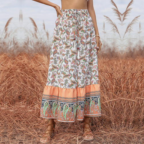 Fluid maxi skirt for women with paisley print and ruffled hem Lune London