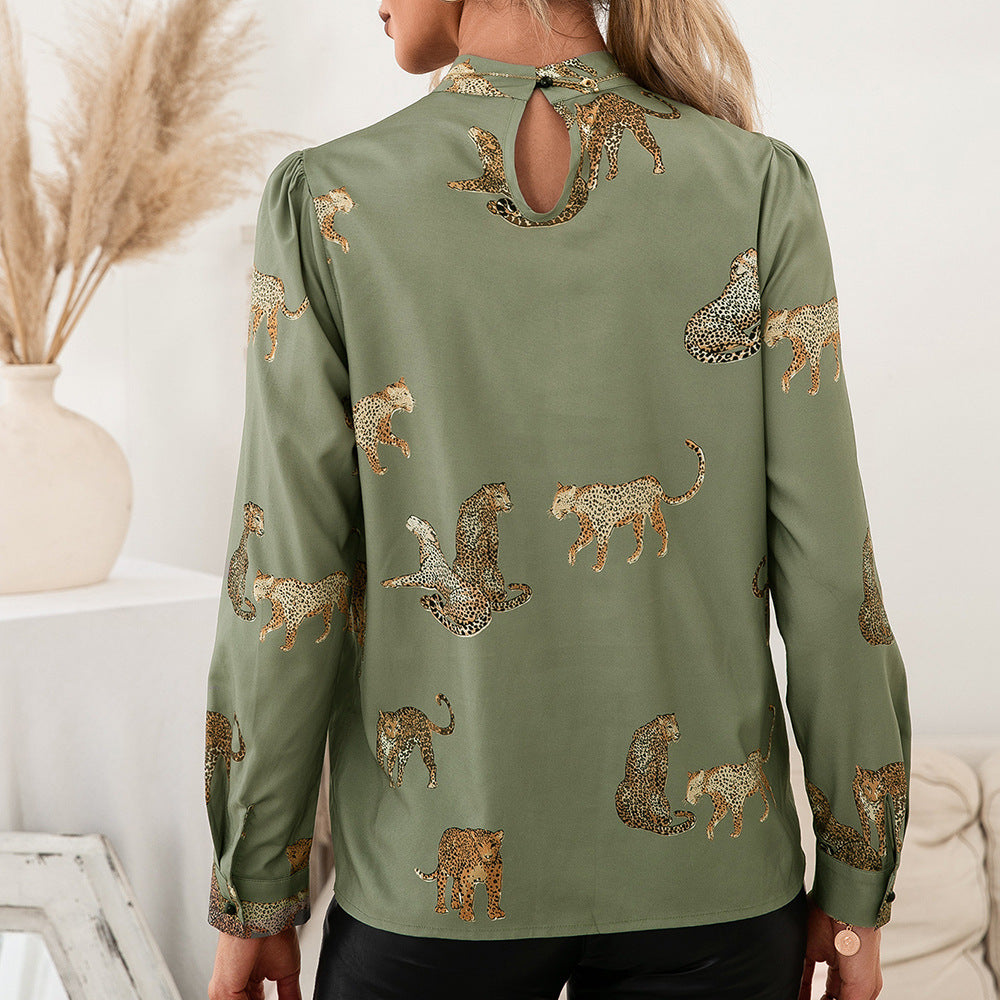 Women's blouse with glamorous animal print and elegant high collar Lune London