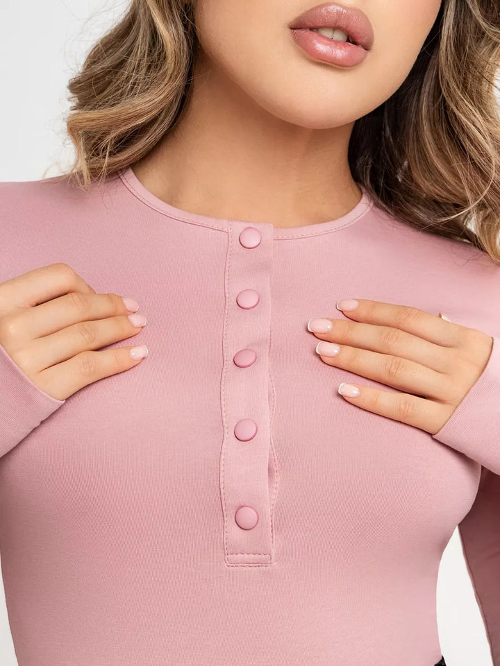 Women Long Sleeve Top with Button Placket and Fitted Cut Lune London