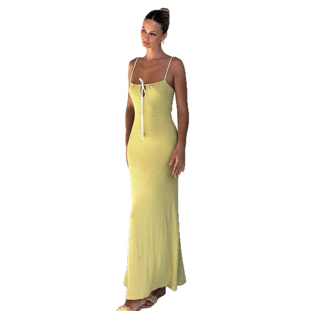 Maxi dress for women with a delicate ribbed design and an adjustable neckline Lune London