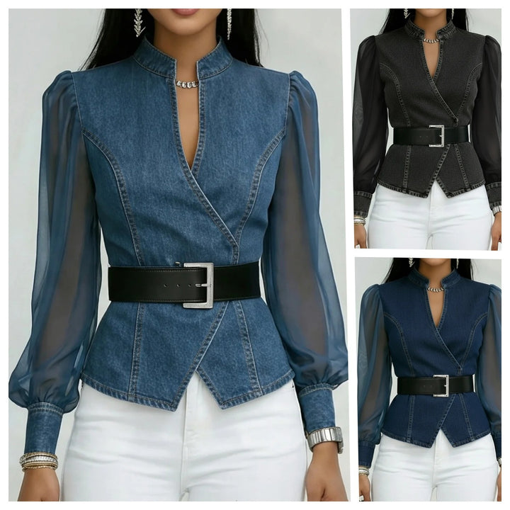 Women’s jeans blouse with transparent sleeves and tailored design Chic & Stil