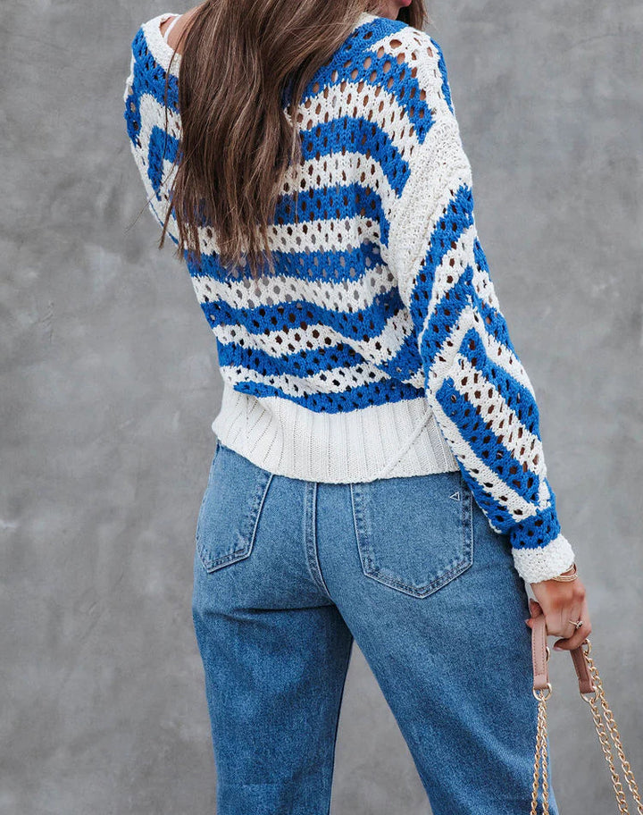 Knitted airy sweater for women with a large diamond pattern and a striped design Lune London