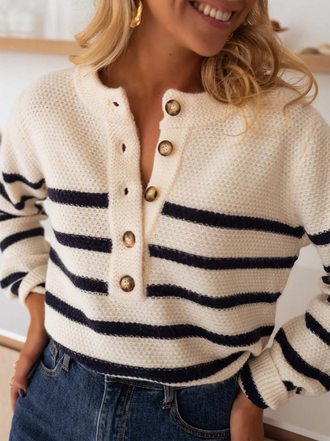 Ladies high-quality striped knit sweater with button detail and relaxed fit Lune London