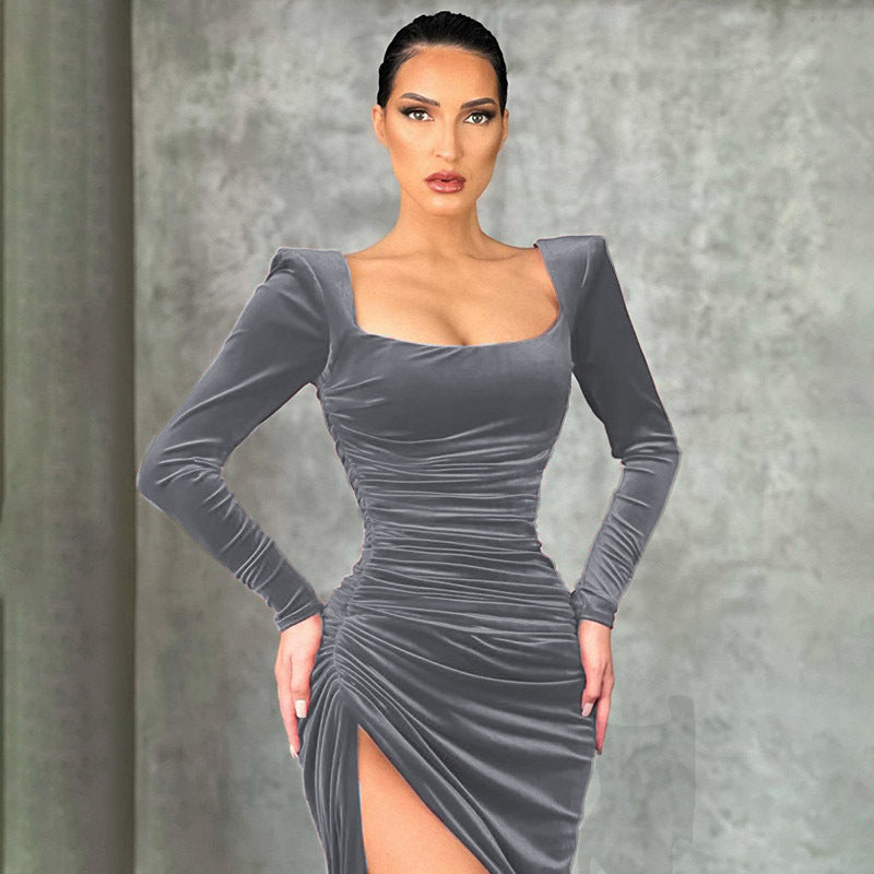 Elegant stretch dress for women with asymmetrical slit and long sleeves Lune London