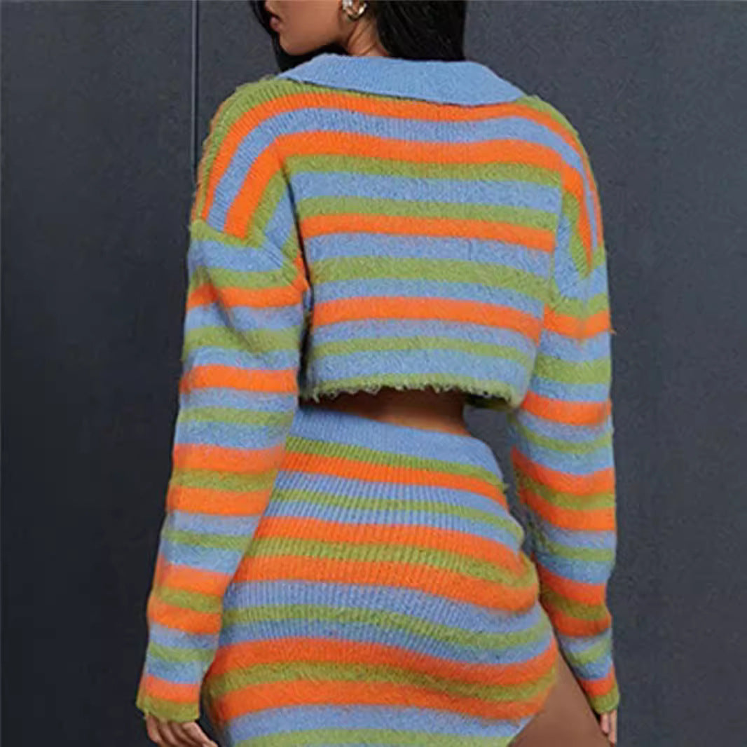 Ladies cropped knit sweater with zipper and colorful striped pattern Lune London