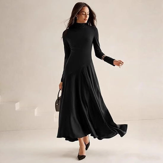 Ladies Elegant Maxi Dress with Long Sleeves, High Collar and Chic Flowing Skirt