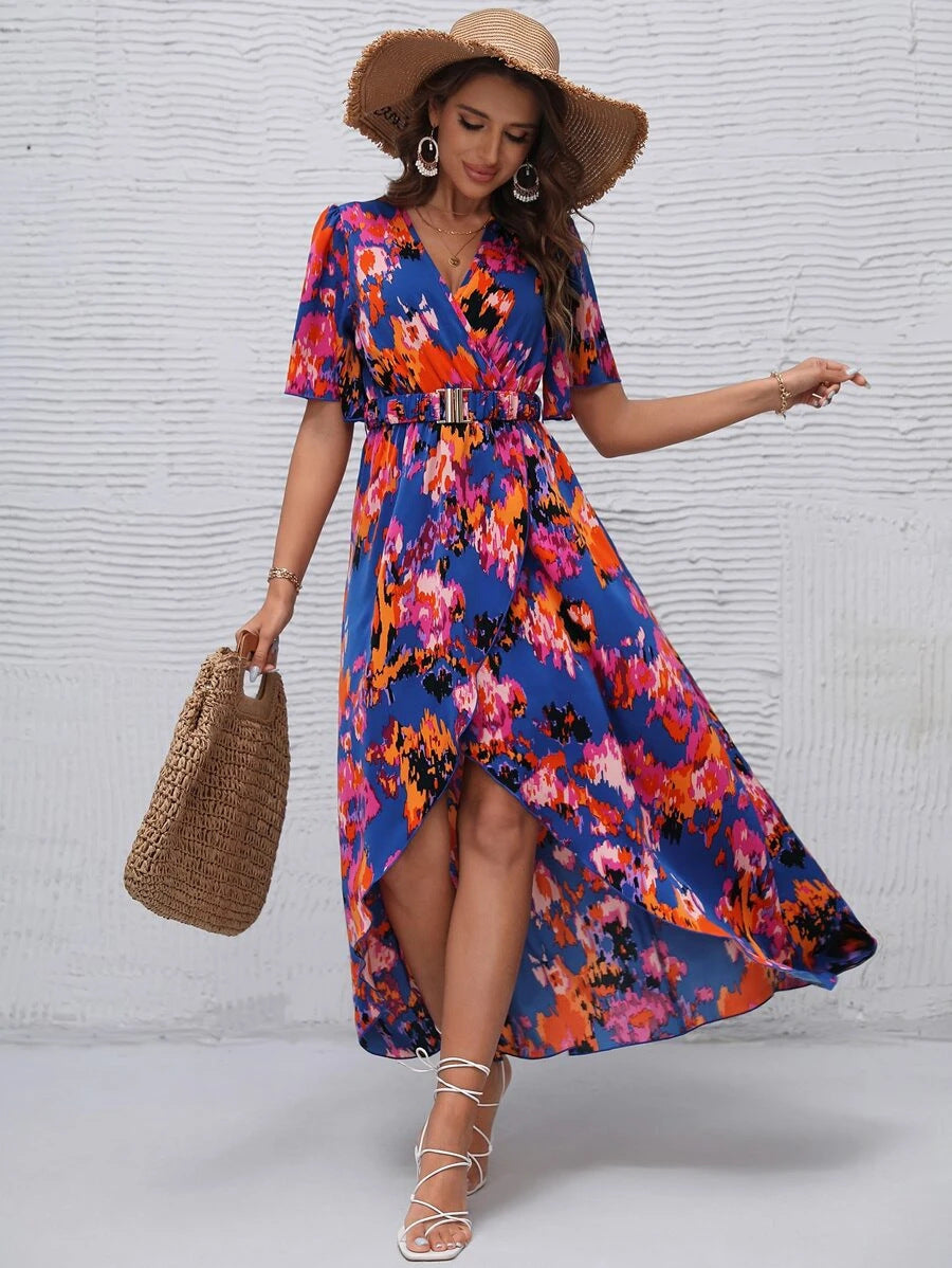 Maxi floral dress with long sleeves for women with belt pouch Lune London