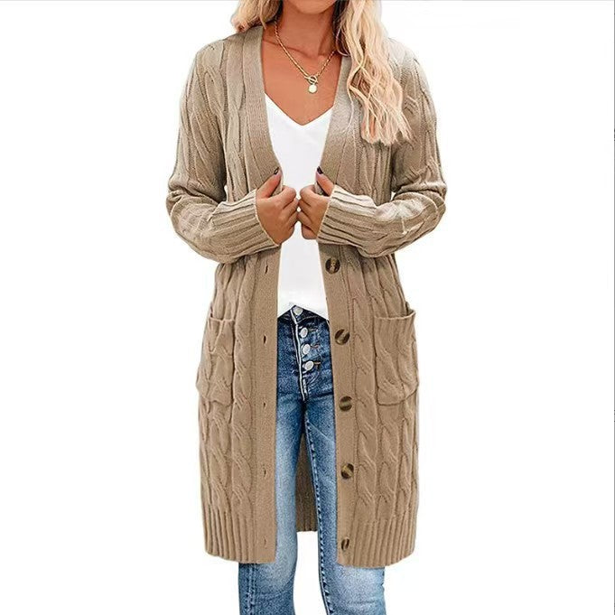 Ladies Thick Knit Cardigan with Button Detail and Deep Pockets Lune London