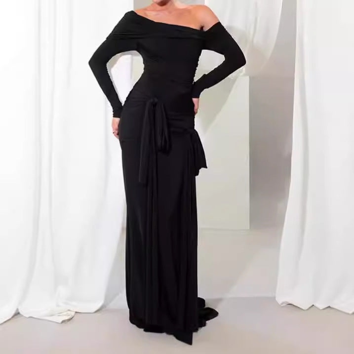 Elegant ladies maxi dress with ruffle details and off-shoulder neckline Lune London