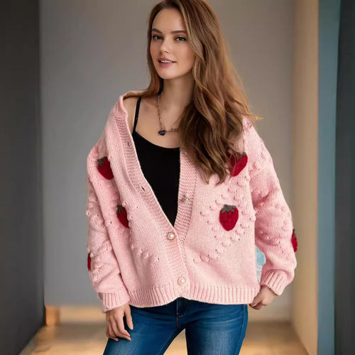 Knit jacket for women with a playful strawberry pattern and Lune London button details