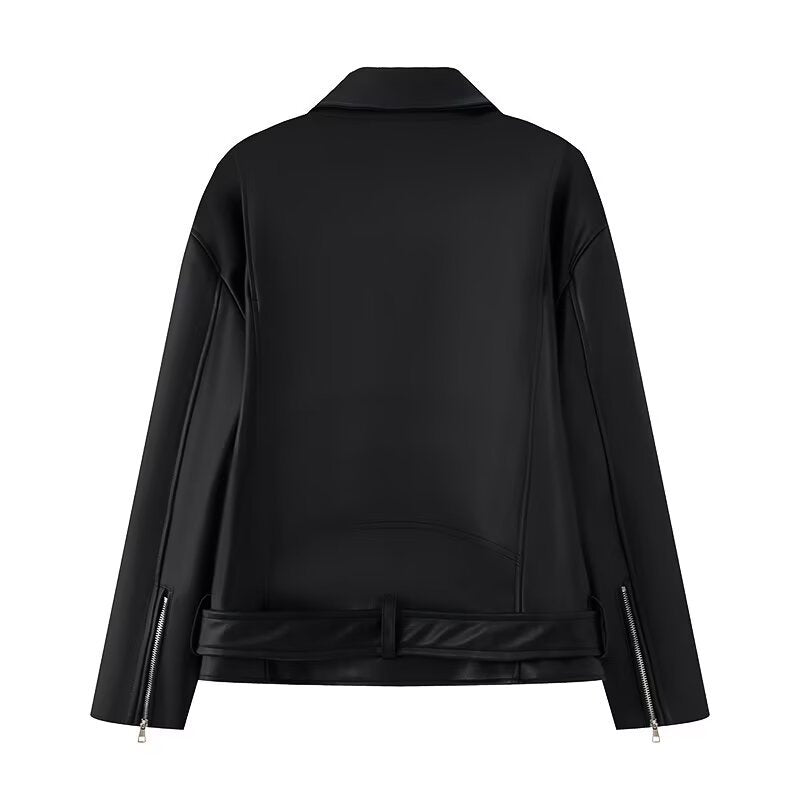 Faux leather motorcycle jacket for women with practical zip pockets and belt Lune London