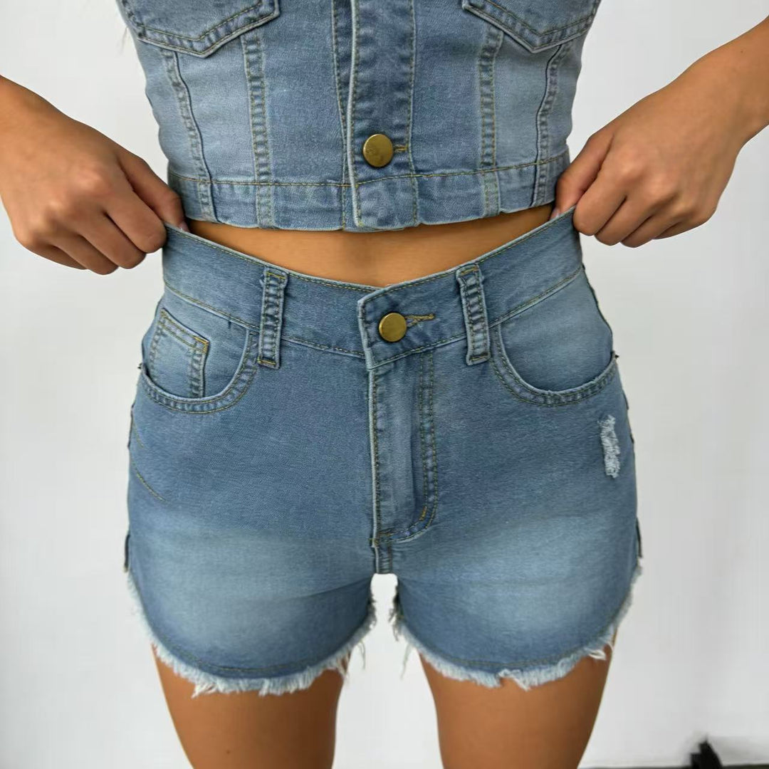 Women's High-Cut Denim Shorts in Trendy Fringe Look Lune London
