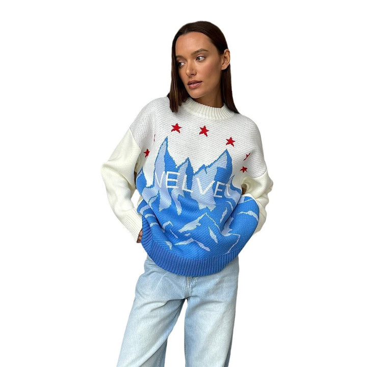 Knitted sweater for women with graphic design of mountains and stylish stars Lune London