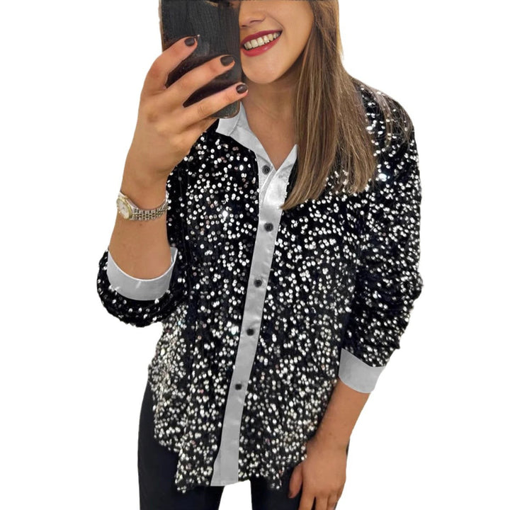 Blouse à sequins glamour pour femmes avec col classique et manches longues Chic & Stil