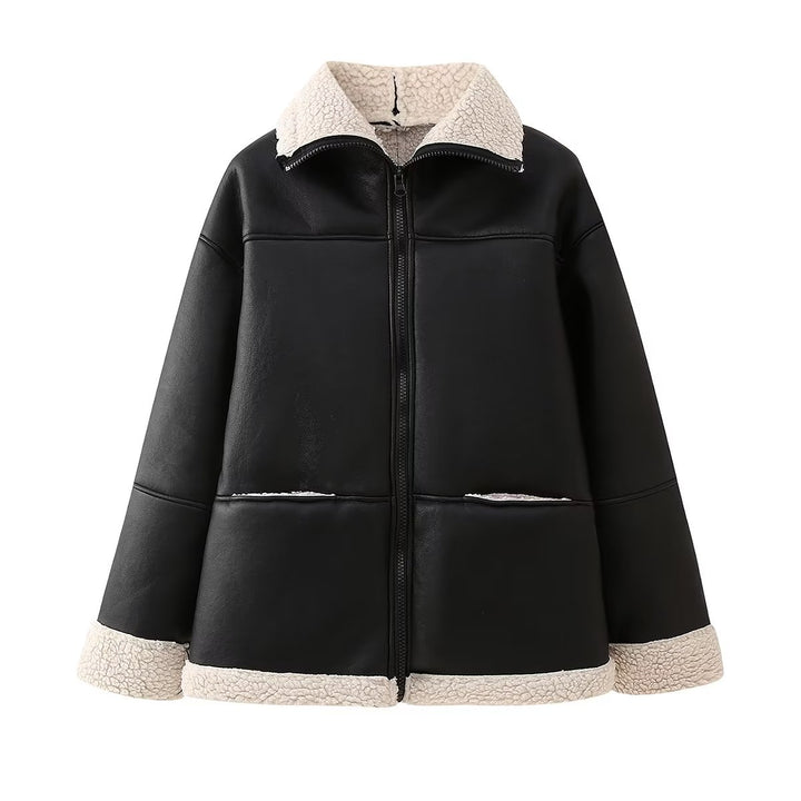Synthetic leather jacket for women with soft teddy lining and practical pockets Lune London
