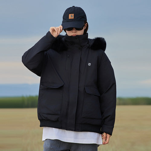 Ladies insulated puffer coat with removable faux fur collar and large front pockets Lune London