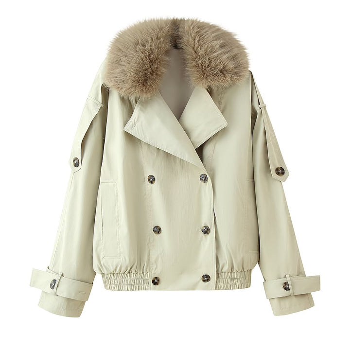 Fashionable women's transition jacket with a stylish collar and decorative faux fur trim Lune London