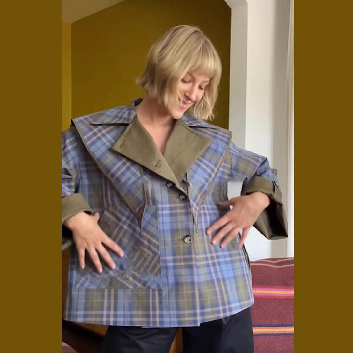 Elegant transitional jacket for women with multiple plaid patterns and embroidered details Lune London