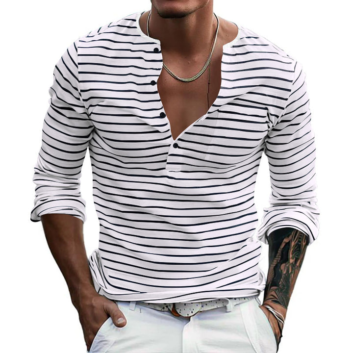 Men's long sleeve t-shirt with striped design and button placket Lune London