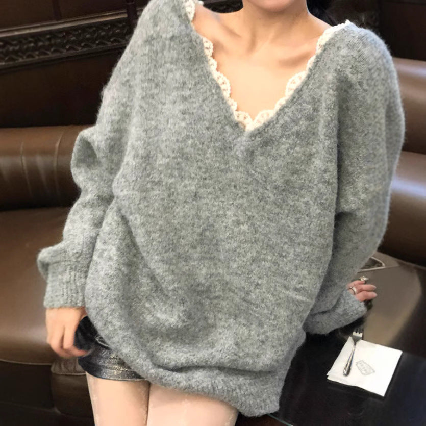 Oversized knit sweater for women with V-neck and delicate lace trim Lune London