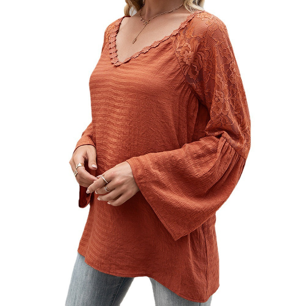 Women's blouse with sheer lace sleeves and trendy V-neck Lune London