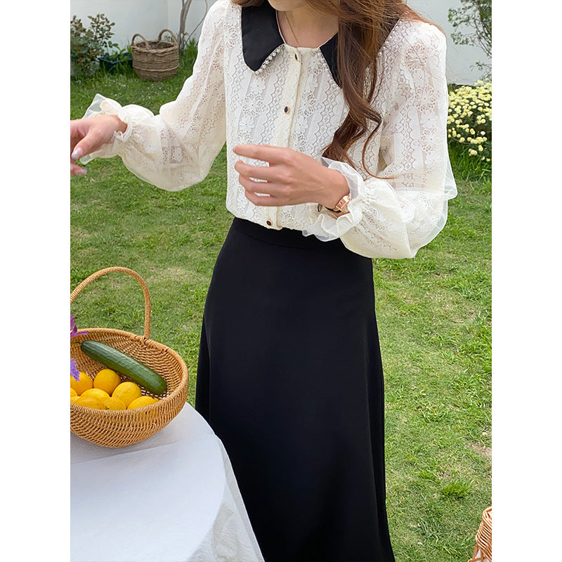 Women elegant blouse with lace collar and decorative button details Chic & Stil