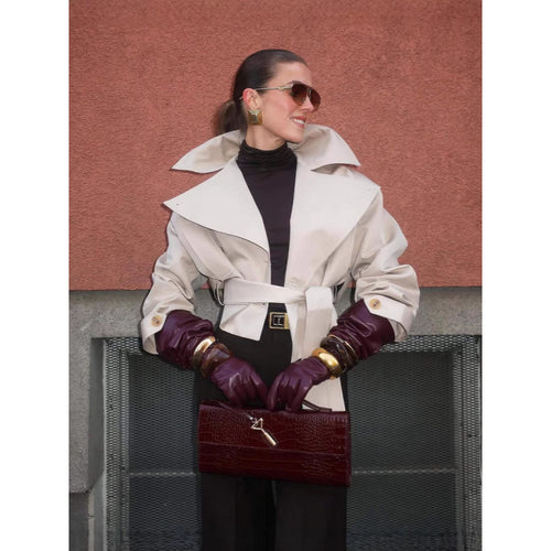 Fashionable women's trench coat with wide collar and belt at the waist Lune London