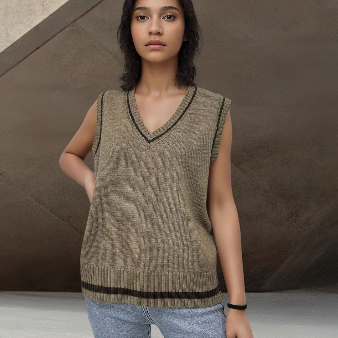 Women’s knitted top with V-neck and contrasting edges Lune London