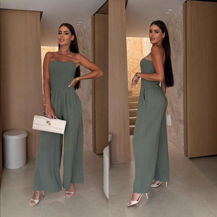 Ladies Smocked Strapless Wide Leg Jumpsuit Lune London