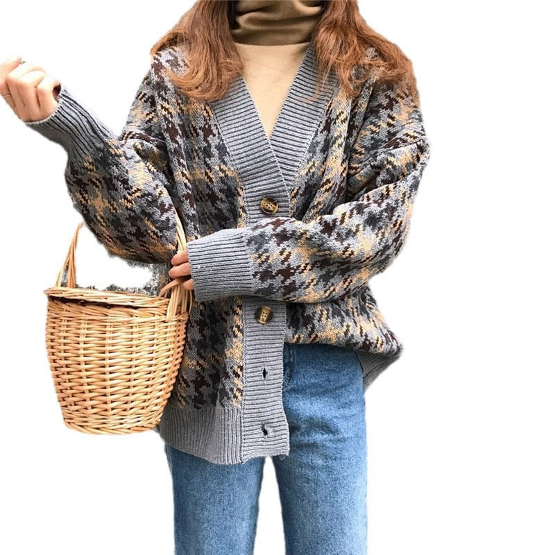Chunky knit jacket for women with a classic herringbone pattern and large wooden buttons Lune London