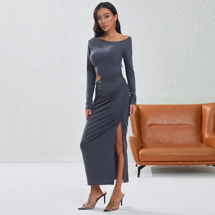Robe maxi pour femme avec des détails de volants sur les côtés et un drapé élégant Chic & Stil