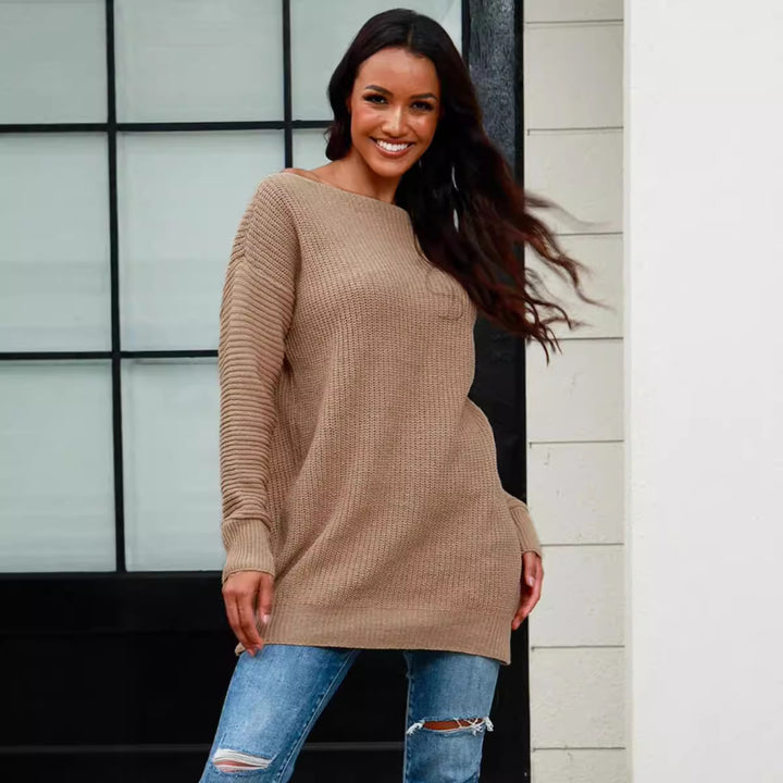 Casual knitted sweater for women with wide neckline and ribbed structure Lune London