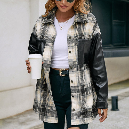 Women's overshirt with faux leather sleeves and checked pattern Lune London