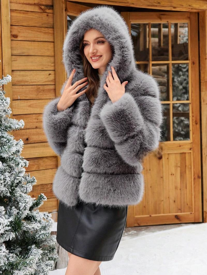 Ladies Trendy Faux Fur Jacket with Hood Lune London