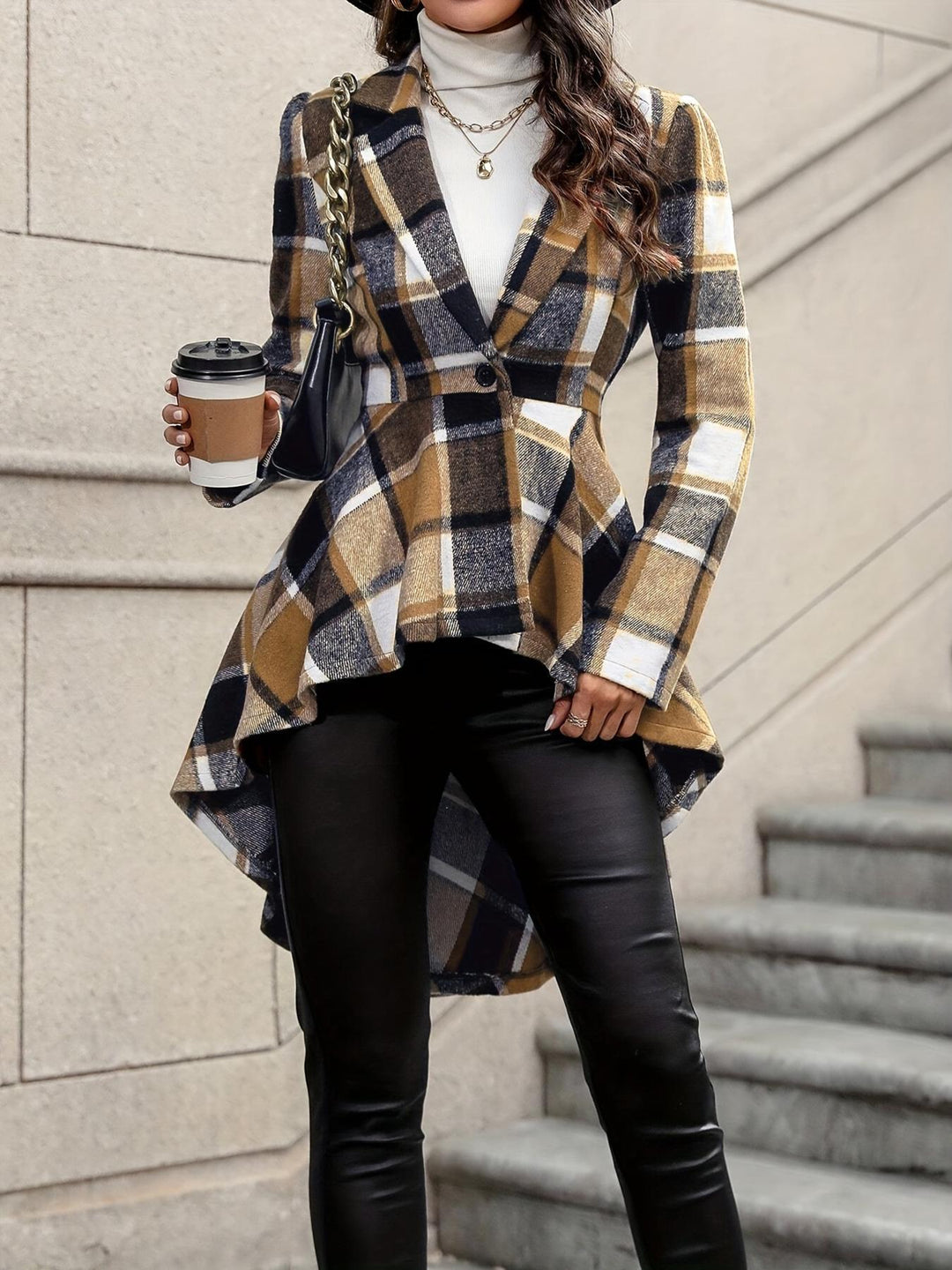 Women Elegant and Flowing Plaid Jacket with Asymmetrical Hem Lune London