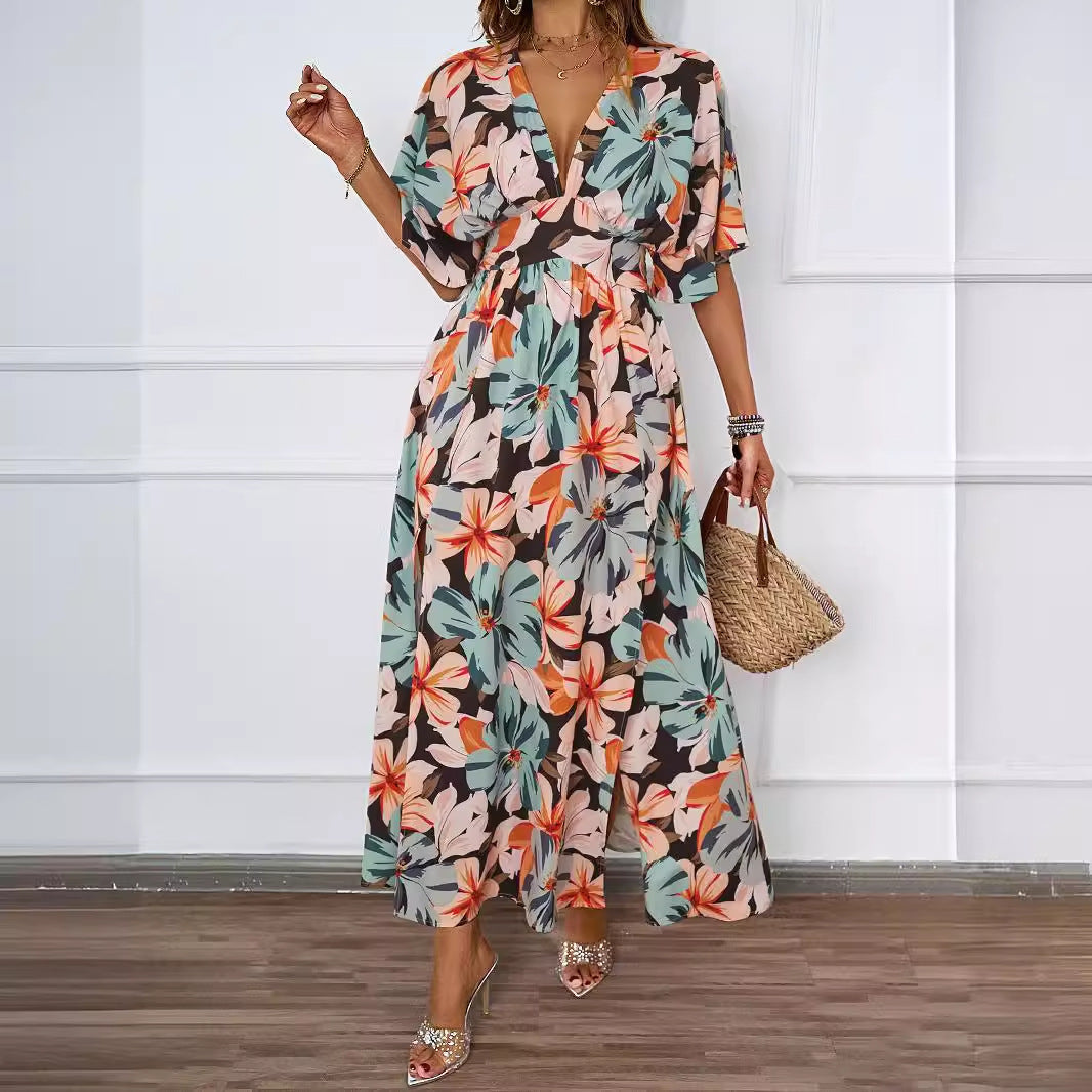 Maxi floral dress for women with deep V-neck and side slits Lune London