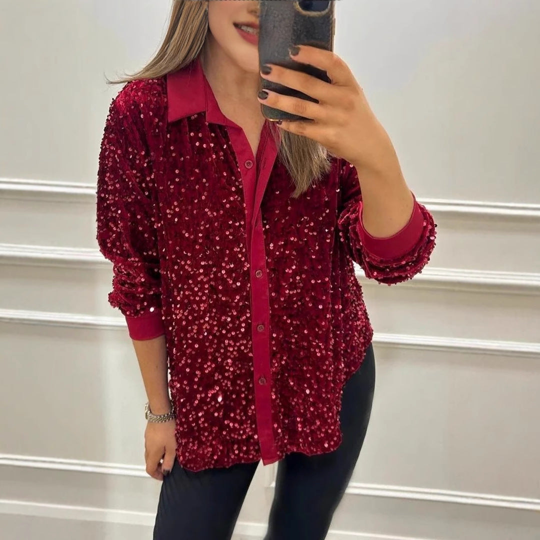 Blouse en sequins étincelants pour femmes avec col classique Chic & Stil
