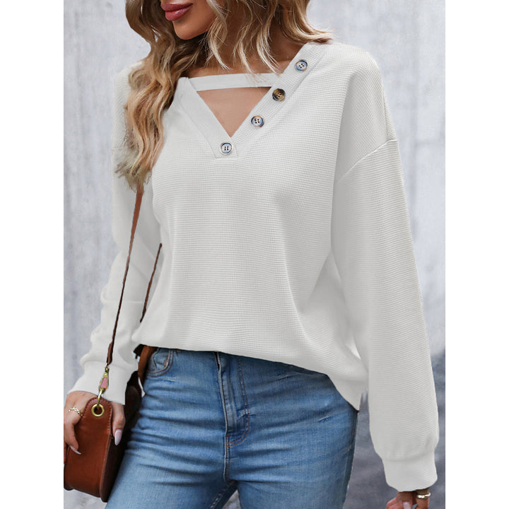 Ladies Casual Hoodie with Decorative Buttons and Deep V-Neck Lune London