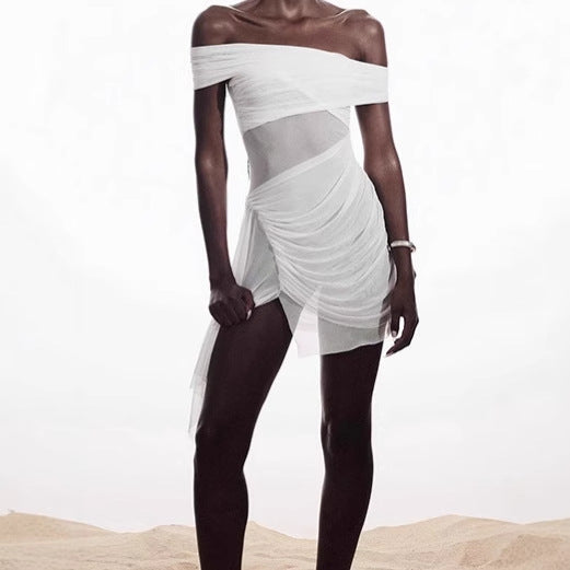 Mini off-shoulder dress for women with ruffle details and transparent inserts Lune London