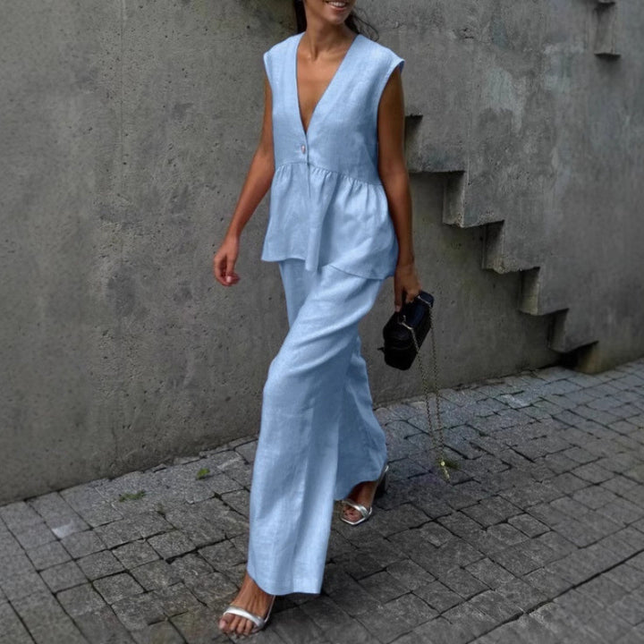 Casual linen set for women with deep V-neck and wide-leg pants Lune London